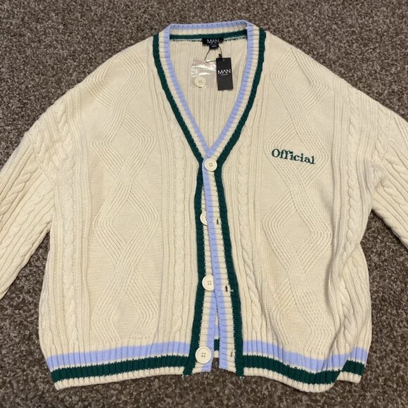 Boohooman Other - NWT BoohooMAN Boxy Cable Knit Cardigan Mens M Cream Striped Oversized 'Official'
